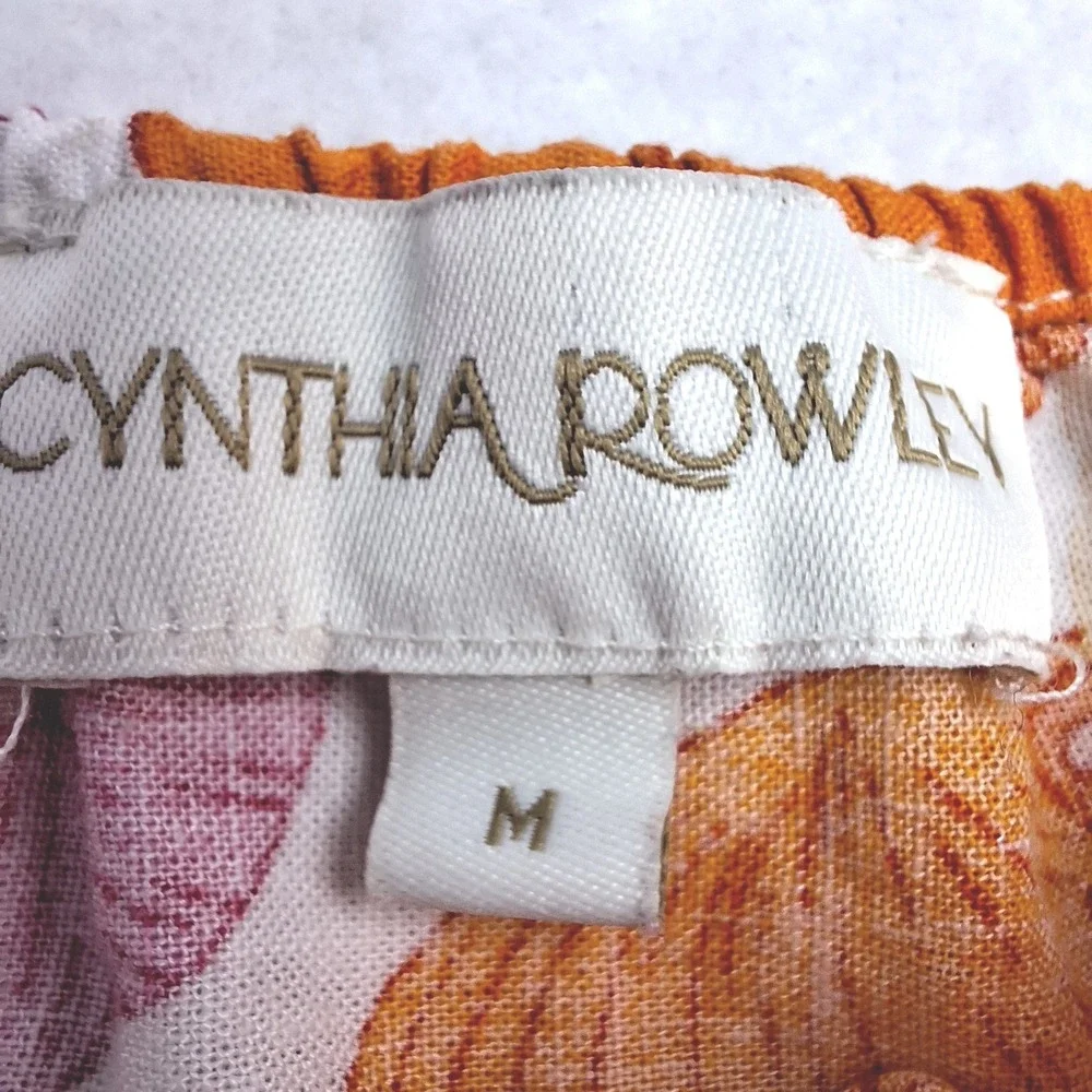 Cynthia Rowley Crop Top Womens Medium Orange Floral Linen Blend Puff Sleeve Boho - Picture 3 of 8